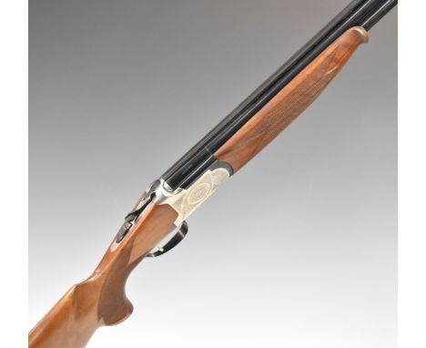 Lanber 12 bore over and under ejector shotgun with engraved locks, trigger guard, underside and thumb lever, chequered semi-p