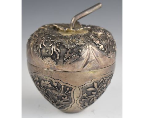 Chinese or similar silver novelty container formed as an apple, embossed with birds in foliage and dragon decoration, height 