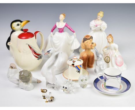 A collection of ceramics and glass including Royal Doulton figures, Copenhagen swan, Swarovski figures, Wedgwood Clarice Clif