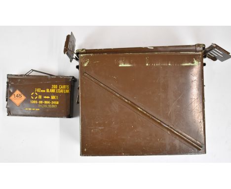 Two metal military style ammunition tins, one for 7.62 rounds, largest 47 x 22 x 37cm