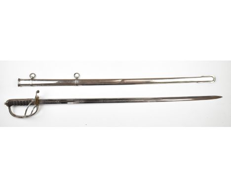 British 1822 pattern Royal Artillery sword with three bar hilt and George V cypher to 86cm decorated blade, with scabbard.&nb