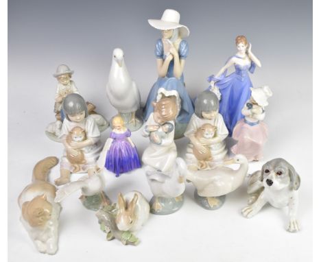 Fourteen Lladro / Nao, Royal Doulton and Coalport figurines, tallest 29cm