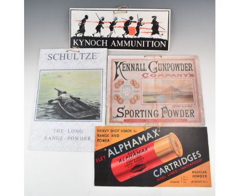 Four modern shop display or advertising shotgun cartridge boards for Kennall Gunpowder, Eley Alphamax Cartridges, Kynoch Ammu