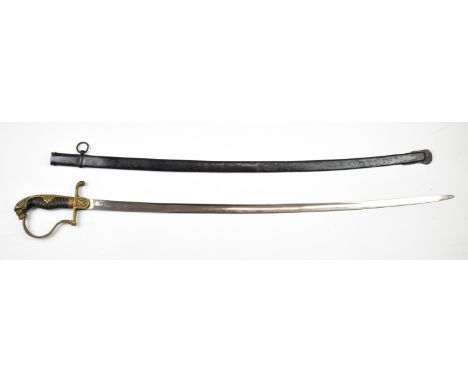 Imperial German sword with decorated and lion head pommel, 83cm curved blade and scabbard. PLEASE NOTE ALL BLADED ITEMS ARE S