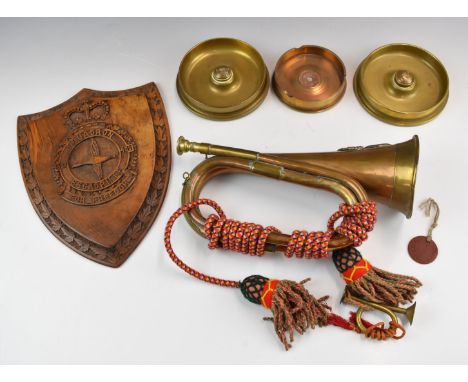Three pieces of trench art fashioned from shell bases, two dated 1916 together with a bugle with cypher for 23rd Foot Royal W