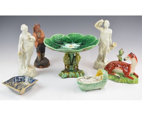 Majolica tazza centrepiece, Staffordshire figures by Neale and Co, terracotta figure in the style of Goldscheider with old So