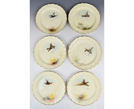 Royal Worcester set of six signed James Stinton plates decorated with waterfowl and gamebirds in flight, with unusual Royal W