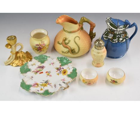 Royal Worcester, Royal Doulton and Dresden ceramics including a 'Cosy' patent teapot, chamber stick etc, tallest 18cm