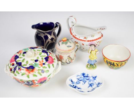 A collection of 19thC ceramics including Meissen pin dish, silver overlaid jug, chocolate pot and cover probably Chantilly, f