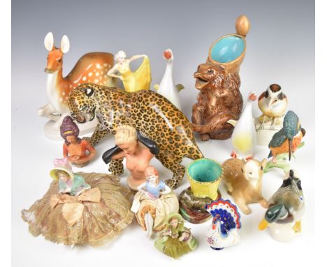 Continental ceramic figures including majolica bear jug, Lomonosov / USSR, half dolls, Goebel, Hollohaza etc, tallest 26cm