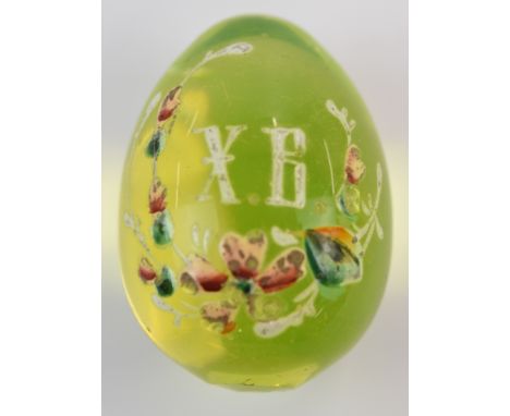 Russian uranium glass egg with enamel 'XB' decoration, 5cm tall excluding stand.&nbsp;