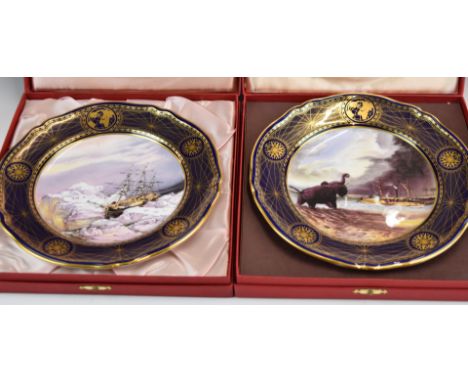 Two boxed Spode limited edition plates from the Great Explorers range and a jadeite figure of horses, diameter 21.5cm