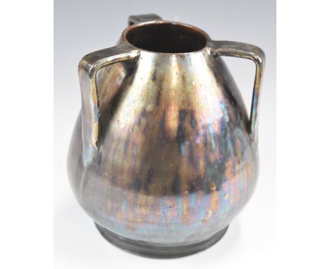 Dicker Pottery Arts &amp; Crafts three handled vase with iridescent glaze, shape no 154, height 17.5cm