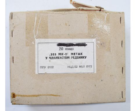 Two-hundred-and-fifty .303 Metak rifle cartridges, in original military carry box. PLEASE NOTE THAT A VALID RELEVANT FIREARMS