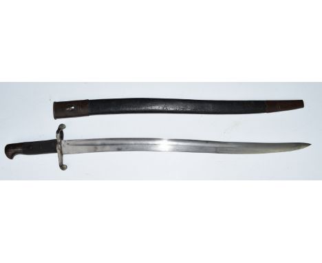 British Yataghan sword bayonet with leather grip, external spring, Solingen maker's mark to ricasso, 58cm fullered blade and 