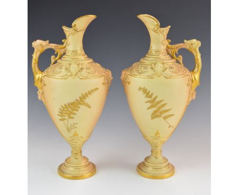 Royal Worcester pair of pedestal ewers with gilded fern decoration, height 31cm