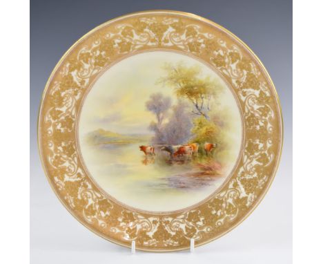 Royal Worcester cabinet plate decorated with cattle watering, signed Harry Stinton, diameter 23.5cm