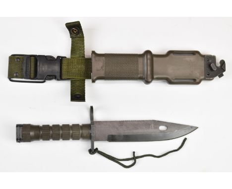 American M9 Lancay knife bayonet with 18cm single edged blade, scabbard and belt attachment. PLEASE NOTE ALL BLADED ITEMS ARE