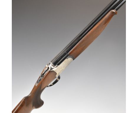 Lanber 12 bore over and under ejector shotgun with engraved locks, trigger guard, underside and thumb lever, chequered semi-p