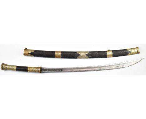 Burmese Dha sword with decorated metal pommel and scabbard mounts with 28cm etched fullered blade.&nbsp;PLEASE NOTE ALL BLADE