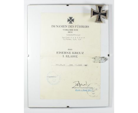 WW2 German Third Reich Nazi Iron Cross First Class with certificate for Manfred Sehster 8/Gen Rgt 436