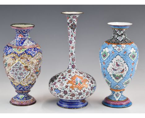 Three Chinese / Indian enamel vases, tallest 17cm