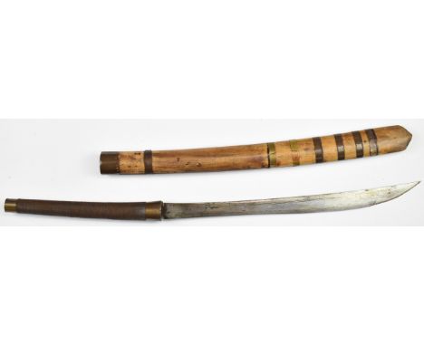 Burmese Dha sword with wire bound handle, 42cm blade and copper banded wooden scabbard