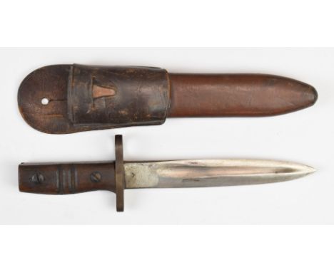 Fighting knife fashioned from a cut down bayonet, with 16cm double edge blade, scabbard and frog. PLEASE NOTE ALL BLADED ITEM