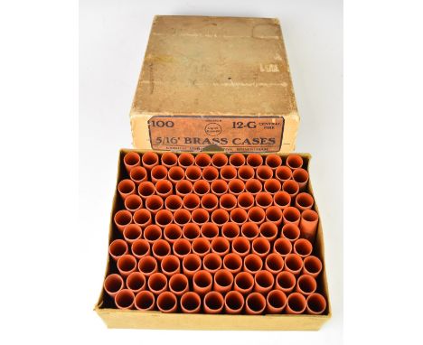 One-hundred Kynoch Ltd 12 bore light orange 5/6" brass shotgun cartridge cases, in original box. PLEASE NOTE THAT A VALID REL