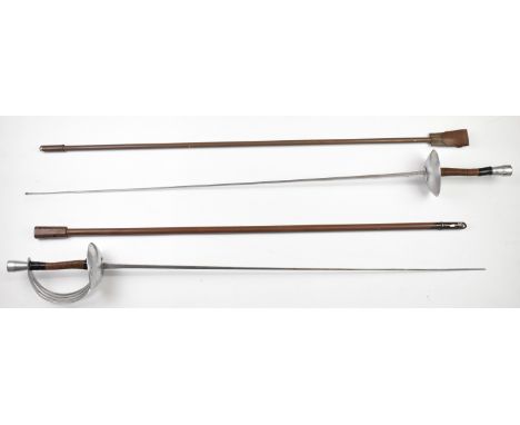 Two Wilkinson Sword fencing foils, both with dish hilts and scabbards, longest blade 88cm.&nbsp;PLEASE NOTE ALL BLADED ITEMS 