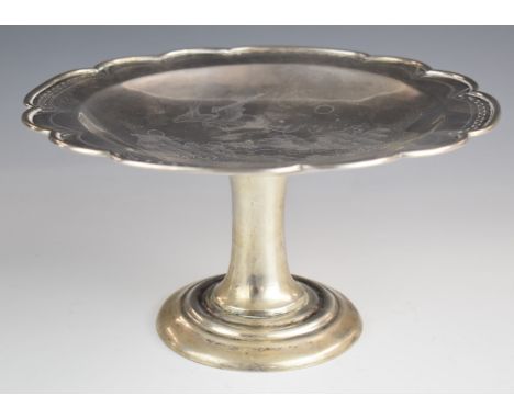 Chinese silver tazza with engraved decoration of a stork in flight amongst pine trees, with Chinese character silver marks to