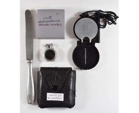 WW2 German Third Reich Nazi&nbsp;Kriegsmarine cutlery knife, lighter and a Freiberger compass faintly marked SS&nbsp;