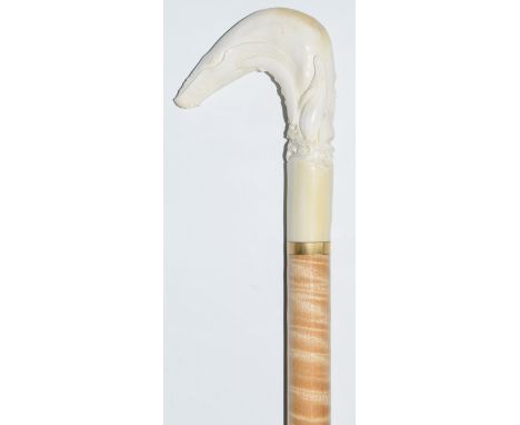 Shawn Gillis / Gillis Canes bespoke inlaid specimen wood walking stick with carved antler handle depicting a whale with calf