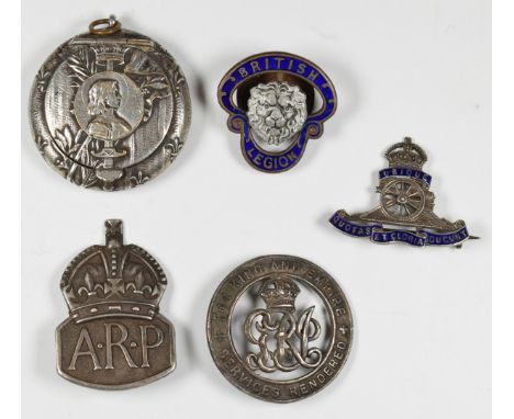 Silver War Badge, ARP hallmarked silver badge, Royal Artillery silver and enamel pin badge, British Legion badge and a small 