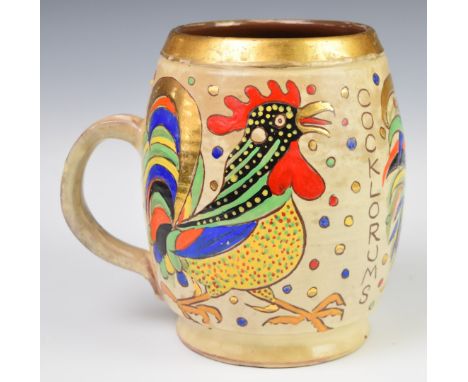 Sybil Finnemore and T R Parsons for Abbotsbury studio pottery oversized tankard decorated with cockerels and named 'Cocklorum