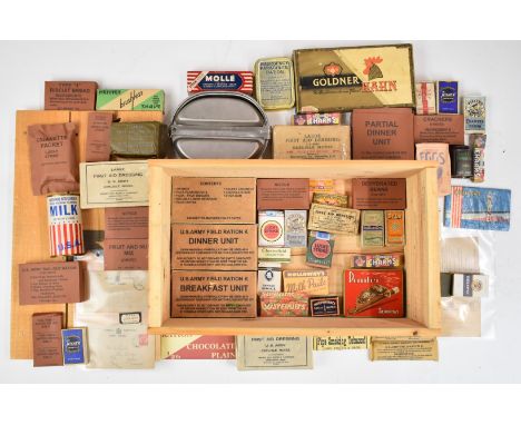 WW2 replica K Ration wooden box containing re-enactment / replica items including cigarette packet (empty), food packets, rat