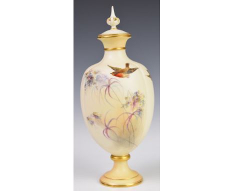 Royal China Works, Worcester blush ivory covered vase decorated with birds, height 28cm