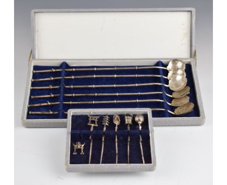 Chinese straw spoons and toothpicks impressed sterling / silver