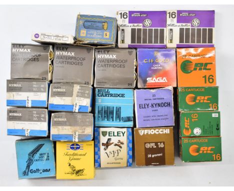 Approximately five-hundred 16 bore shotgun cartridges including Eley Hymax, Gallyons, CRC, Hull Three Crowns, Eley VIP, Eley-