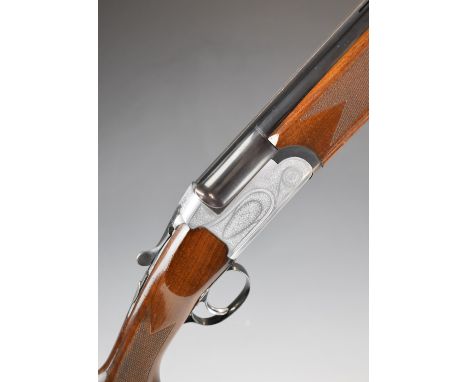 Midland 12 bore over and under ejector shotgun with engraved lock, underside, trigger guard, top plate and thumb lever, chequ