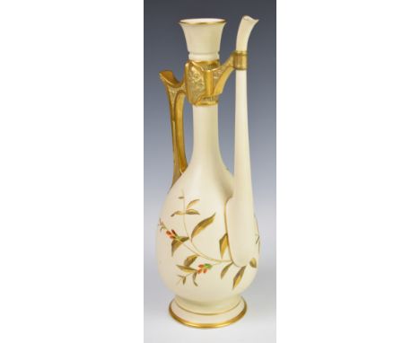 Royal Worcester blush ivory pedestal ewer decorated with flowers, height 36cm