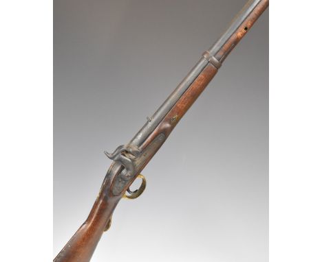 Enfield pattern percussion hammer action saddle carbine rifle with indistinct&nbsp;impressions to the lock, brass trigger gua