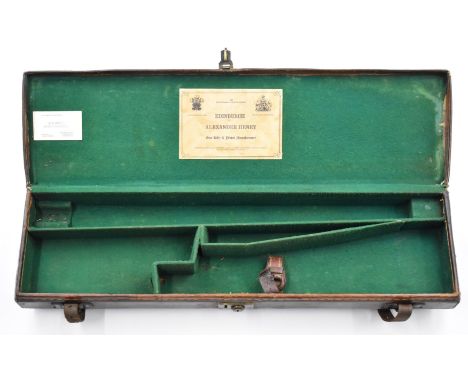 Leather bound shotgun carry case with fitted interior and 'Alexander Henry Gun, Rifle &amp; Pistol Manufacturer Edinburgh' la