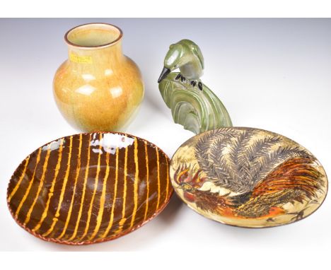 Studio pottery, Chelsea dish with cockerel decoration, slipware dish, David Sharpe Rye pottery bird and a celadon and russet 