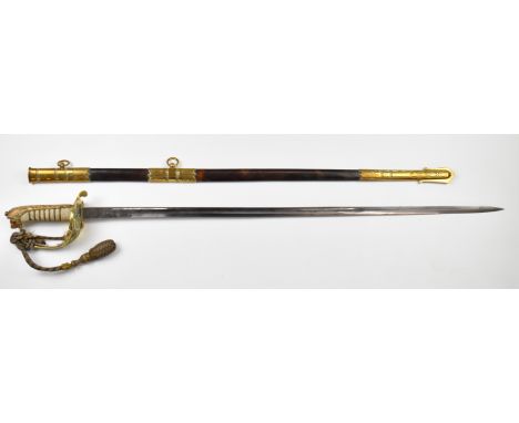 Royal Navy 1827 pattern officer's sword retailed by Gieves, with folding guard and fouled anchor motif, 79cm decorated blade,