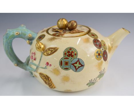 Royal Worcester Aesthetic period teapot and jug with majolica style handle to the teapot, tallest 16cm