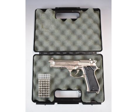 Bruni Model 92 9mm blank firing pistol with chequered composite grips and multi-shot magazine, NVSN, in hard carry case with 