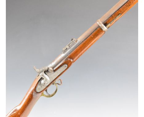 Enfield three band percussion hammer action rifle with lock marked '1857' and with crown over 'VR' cypher, brass trigger guar