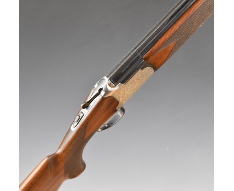 Lanber 12 bore over and under ejector shotgun with engraved locks, trigger guard, underside and thumb lever, chequered semi-p