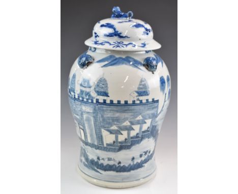 Chinese blue and white covered baluster vase decorated with palace scenes, mountains and seascape, height 44cm